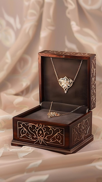 Intricately Carved Wooden Jewelry Box with Elegant Heart Pendant Necklace