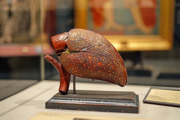 Photo intricately carved wooden liver model displayed in art exhibition with detailed craftsmanship and