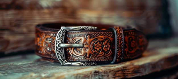 Intricately Crafted Leather Belt with Custom Buckle on Wooden Surface Perfect for Fashion and Accessories