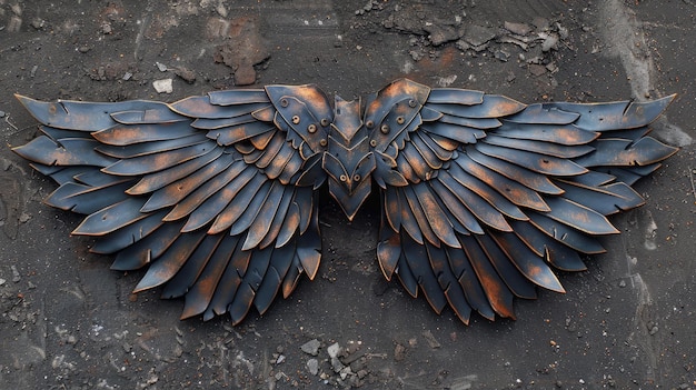 Intricately crafted metallic wings displayed on a textured surface during daylight