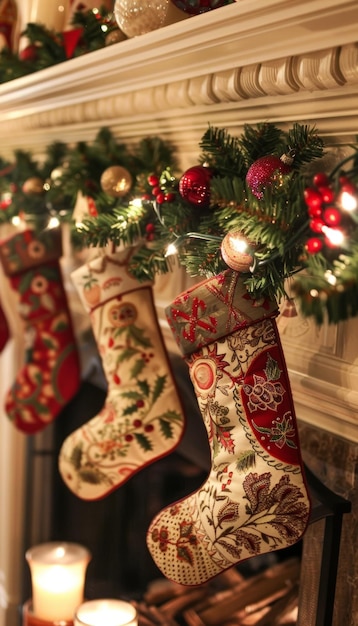 Photo intricately decorated christmas mantel with embroidered stockings garland and festive lights