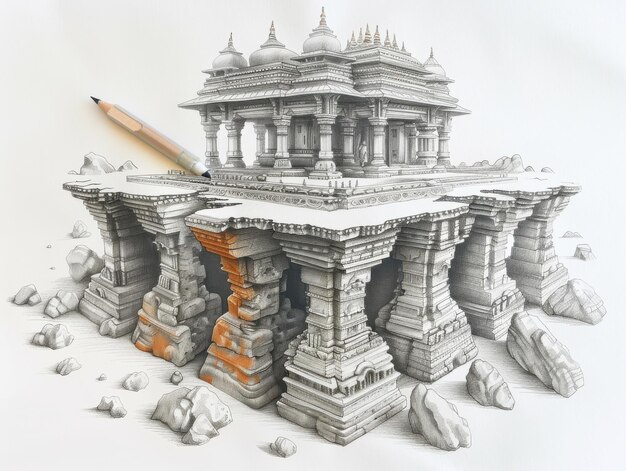 Photo intricately designed 3d pencil drawing of a temple on a rocky landscape