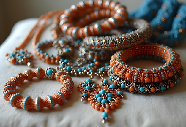 Photo intricately designed beaded jewelry with turquoise and orange accents