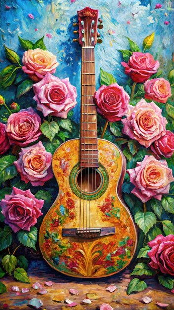 Intricately Designed Guitar Surrounded By Vibrant Pink Roses in a Lush Garden Setting Generative AI