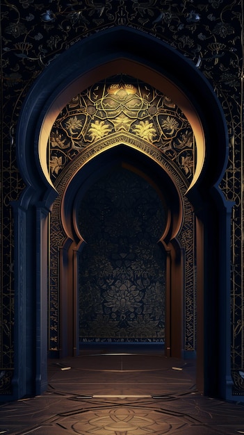 Intricately designed islamic archway featuring gold ornamental patterns and arabic calligraphy