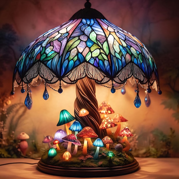 Photo intricately designed lamp with a stainedglass musroom ai image