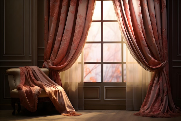 Photo intricately designed luxurious curtains enhancing room decor and radiating warm hues