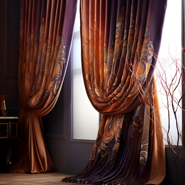 Photo intricately designed luxurious curtains enhancing room decor and radiating warm hues