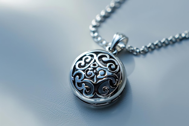 Photo intricately designed silver locket pendant glimmers under soft natural light on smooth surface