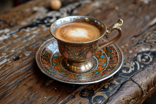 Intricately designed Turkish coffee cup with latte art on a rustic wooden table