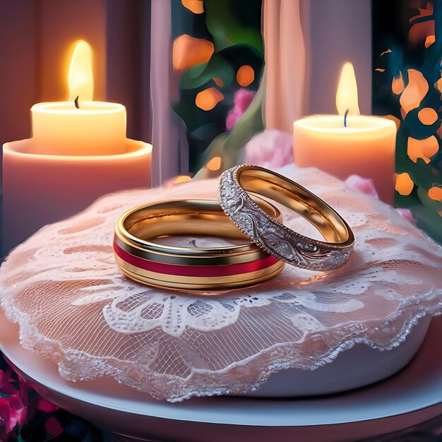 Intricately Designed Wedding Rings Resting on Delicate Lace Bathed in Romantic Candlelight