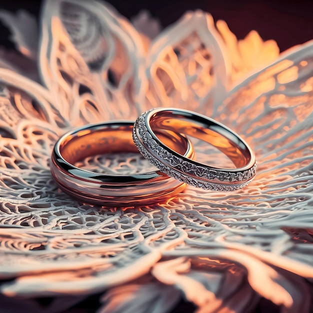 Intricately Designed Wedding Rings Resting on Delicate Lace Reflecting Warm Golden Light