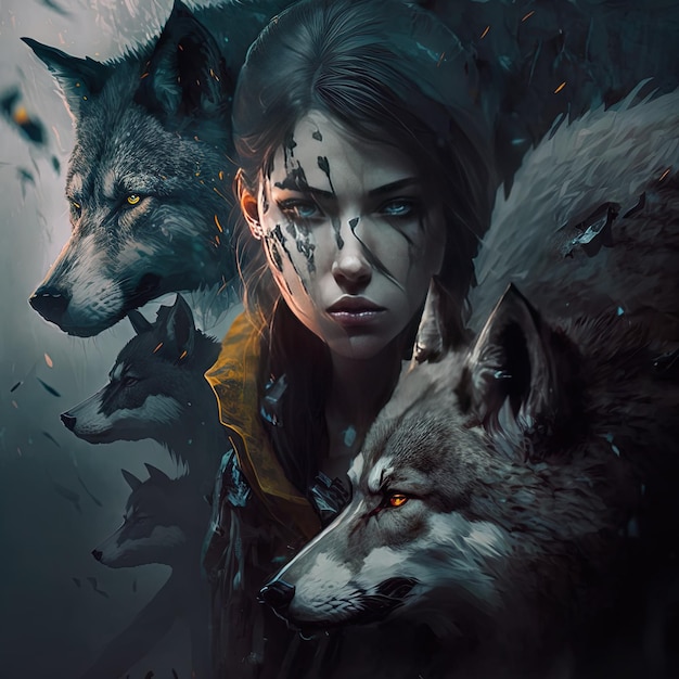 Intricately Detailed Collage Girl with Wolves