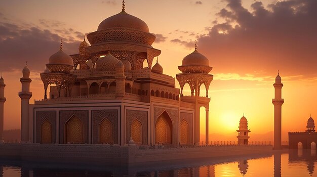 An intricately detailed Islamicstyle palace illuminated by the setting sun