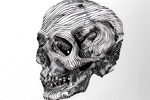 Photo intricately detailed line art skull illustration with contrasting thick and thin strokes anatomical