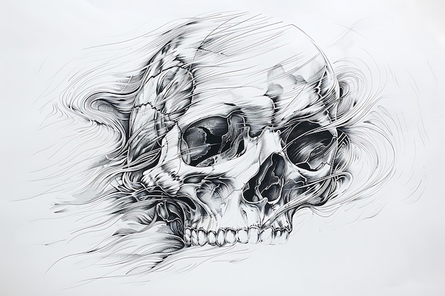 Photo intricately detailed line art skull illustration with contrasting thick and thin strokes anatomical