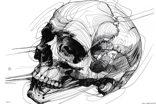 Photo intricately detailed line art skull illustration with contrasting thick and thin strokes anatomical