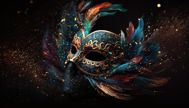 Intricately detailed mask adorned with exotic feathers in a colorful and fun setting generative AI