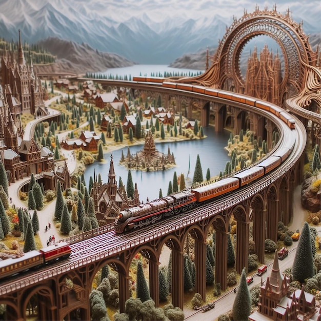 Intricately detailed model train set weaving through a miniature landscape