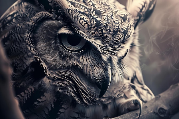 Intricately Detailed Owl Tattoo with Sharp Eyes and Detailed Feathers Perched on a Branch Wrapping Around a Forearm in Monochromatic Digital Art