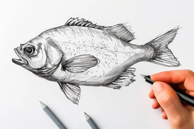 Photo an intricately drawn sketch of a fish with a textured surface and fine details being created on a white sheet of paper