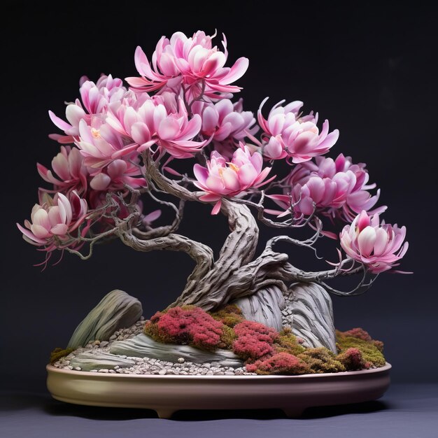 Photo intricately sculpted tulip bonsai with realistic anamorphic art style