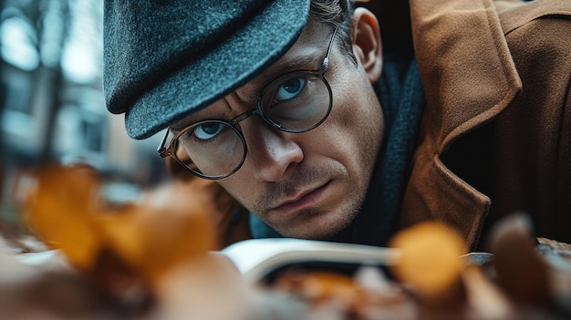 Photo intrigued man reading a book