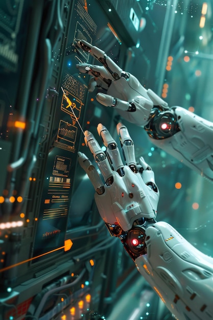 Intriguing image of a robotic hand touching a futuristic digital interface showcasing bionic cyborg