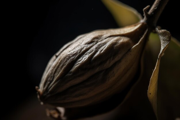 Intriguing macro shot of a single cardamom pod displayed on an artisanal wooden surface