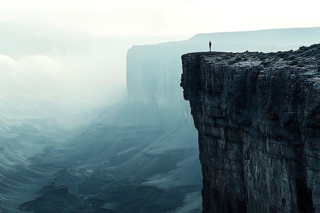 Photo intriguing minimalist photography solitary figure standing on edge of towering cliff gazing