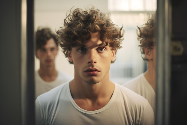 Photo intriguing portrait of a young man in a room surrounded by mirror reflections