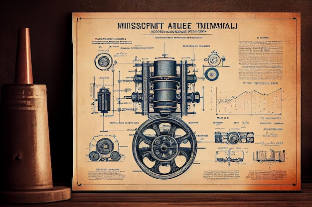 Invention Blueprint of engine on vintage paper Generative AI