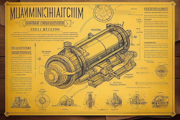 Invention Blueprint of engine on vintage paper Generative AI