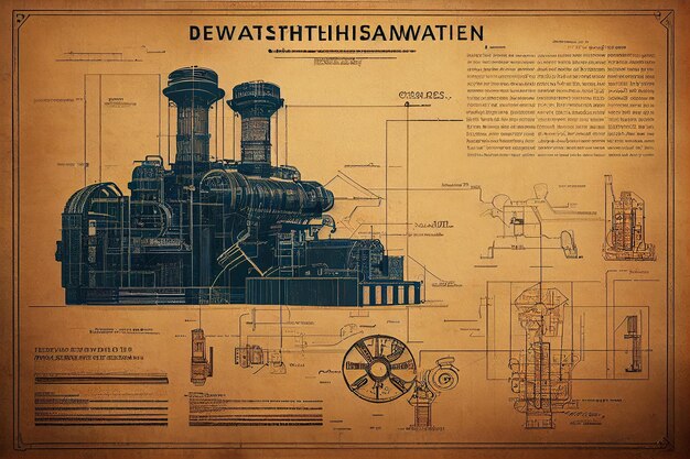 Invention Blueprint of engine on vintage paper Generative AI