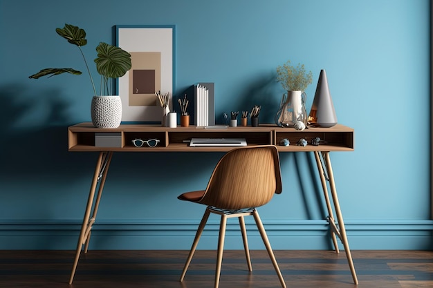 Inventive desk at home with wooden materials against a blue wall