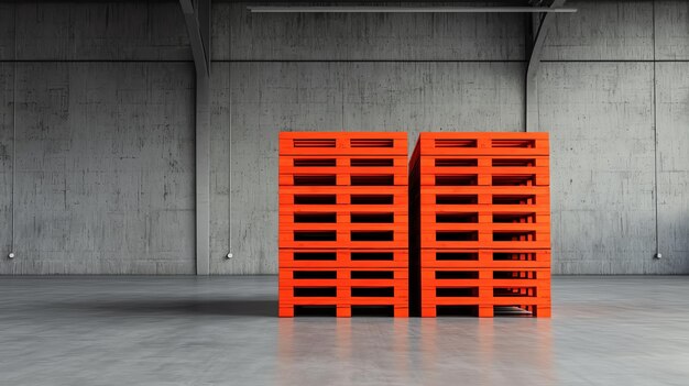 Photo inventory control stacked pallets in storage 3d illustration