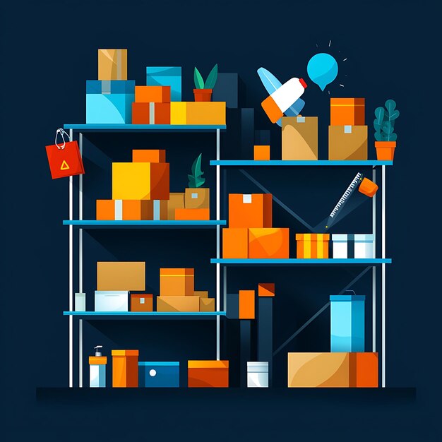 Photo inventory management shelves filled with boxes and goods flat design illustration