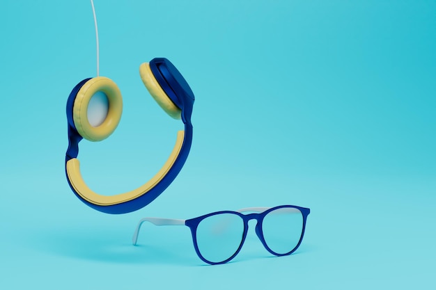 Inverted headphones and glasses on a blue background 3D render