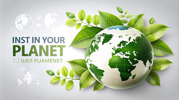 Invest in our planet Earth day 2023 concept background Ecology concept Design with globe map drawing and leaves isolated on white background