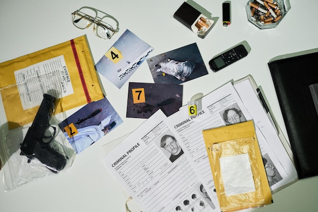 Photo investigating crime scene evidence on office desk setup