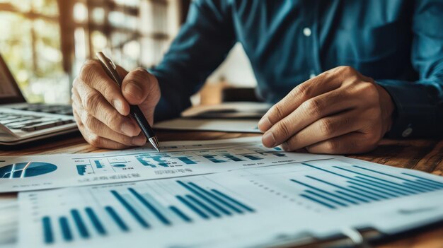 Photo investment advisor explaining market trends and portfolio management to a client using charts and financial reports