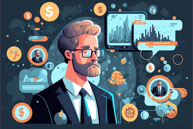 Investment analyst in the field of cryptocurrency flat illustration