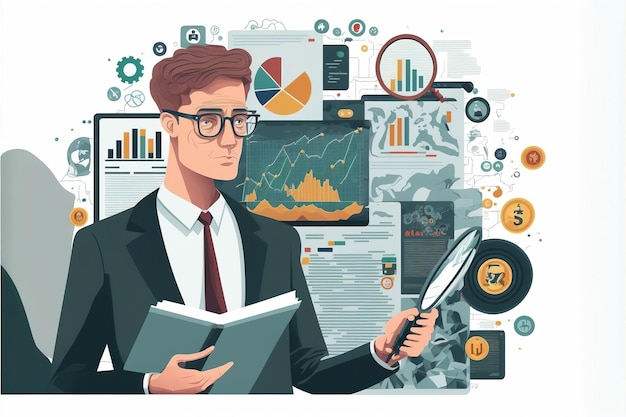 Investment analyst in the field of cryptocurrency flat illustration