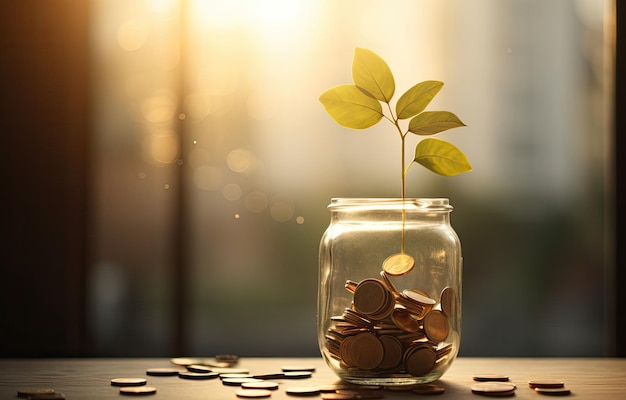 Investment concept plant growing out of coins in a glass jar