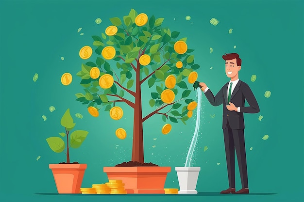 Investment and finance growth business concept Businessman putting a coin in flowers pot and watering green money tree