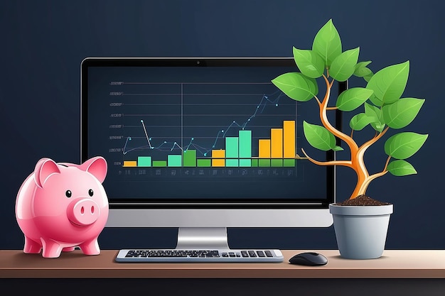 Investment and finance growth business concept Piggy bank with coin money tree and financial graph on monitor