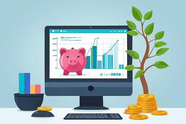 Investment and finance growth business concept Piggy bank with coin money tree and financial graph on monitor