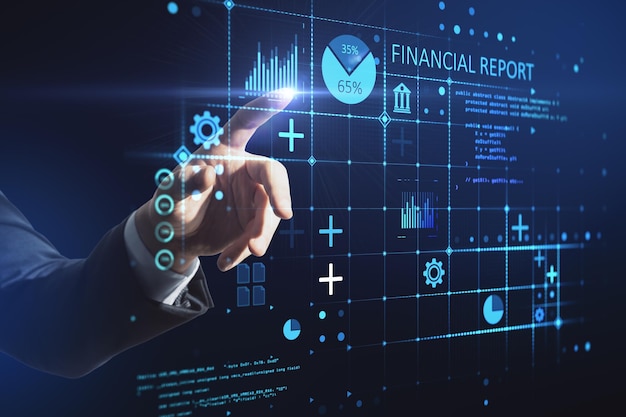 Investor analyzes stock market report and financial dashboard from business intelligence with key performance indicators business analytics concept double exposure