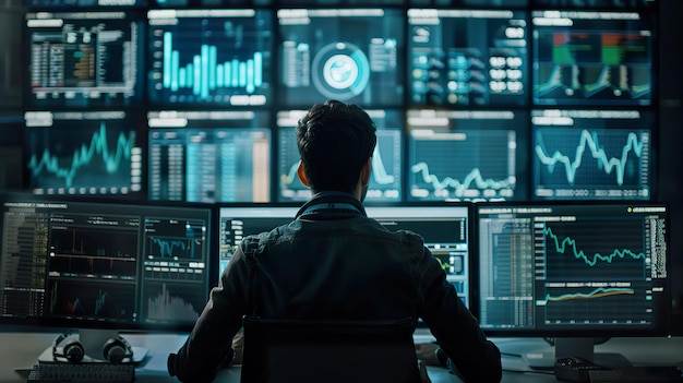 Investor analyzing financial data on multiple digital screens surrounded by charts graphs and financial reports