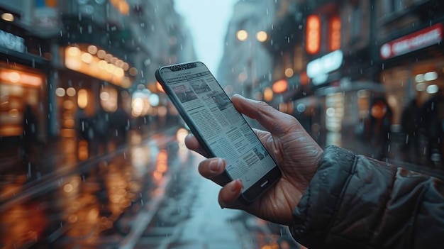 Investor checking stock market trends on a smartphone with financial data graphs in an office with multiple computer screens